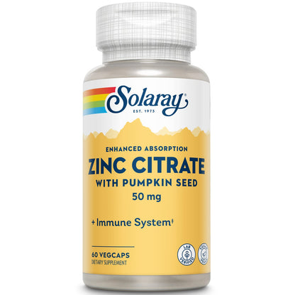 Solaray Zinc Citrate 50mg | Immune Function, Cellular & Skin Health Support | Easy Digestion Formula | 60ct