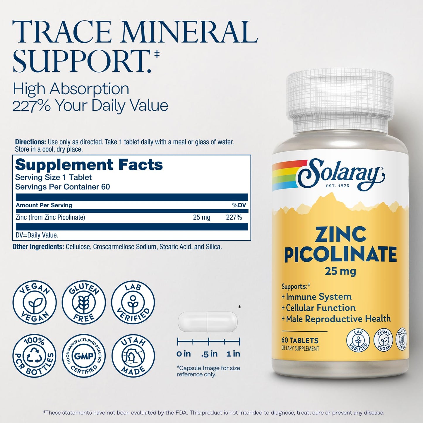 SOLARAY Zinc Picolinate 25 mg – Immune Support • 60 Servings | Vegan, Gluten Free, Lab Verified