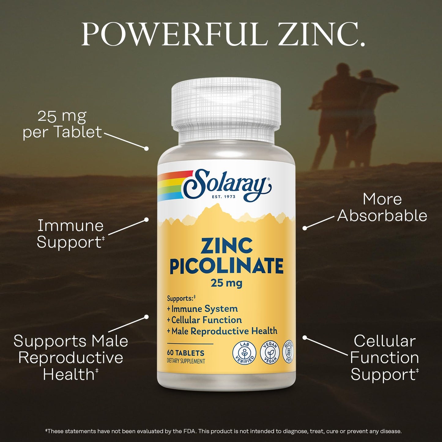 SOLARAY Zinc Picolinate 25 mg – Immune Support • 60 Servings | Vegan, Gluten Free, Lab Verified