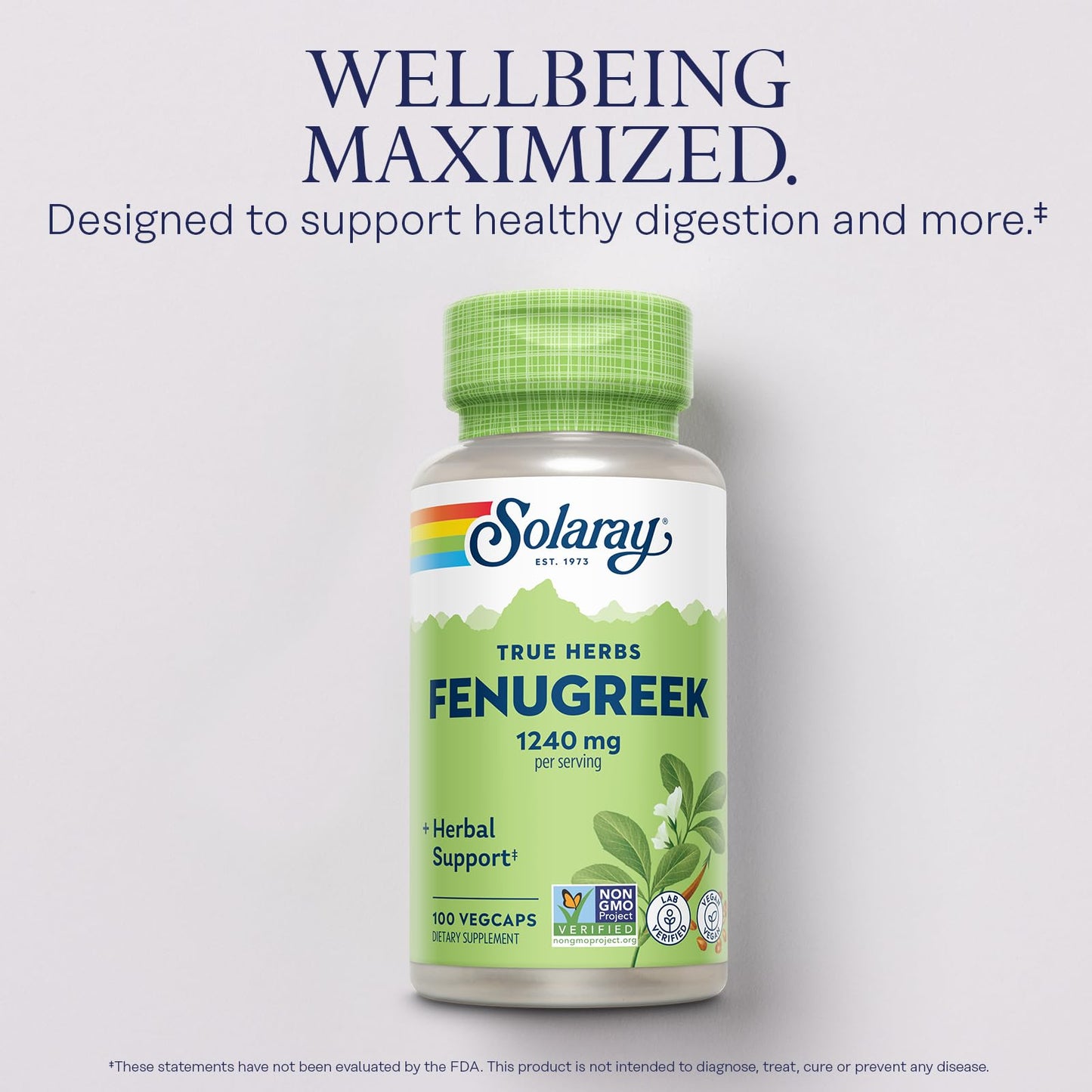 SOLARAY Fenugreek Seed 1240 mg - Healthy Digestion Support, Vegan & Lab Verified, 50 Servings, 100 VegCaps