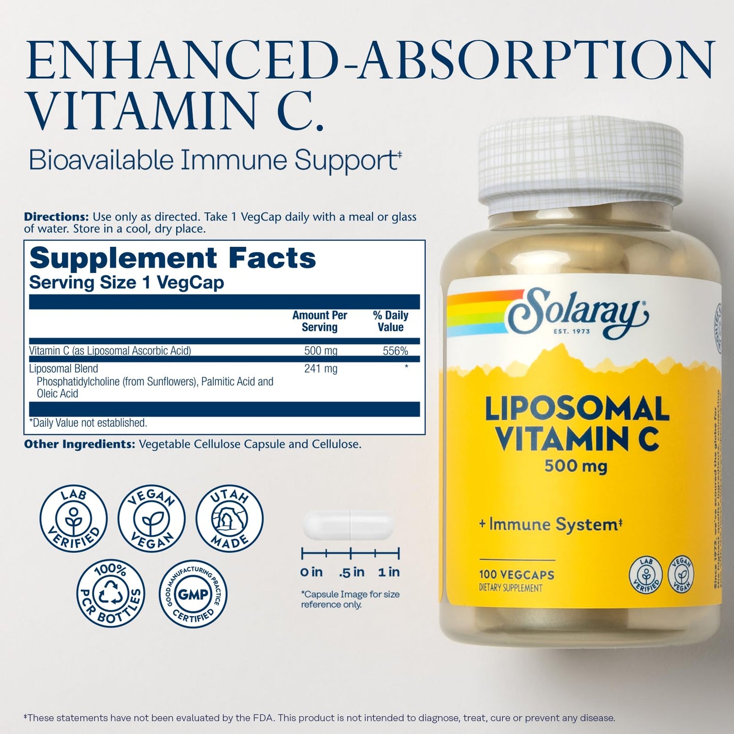 SOLARAY Liposomal Vitamin C 500mg – Immune Support, Vegan