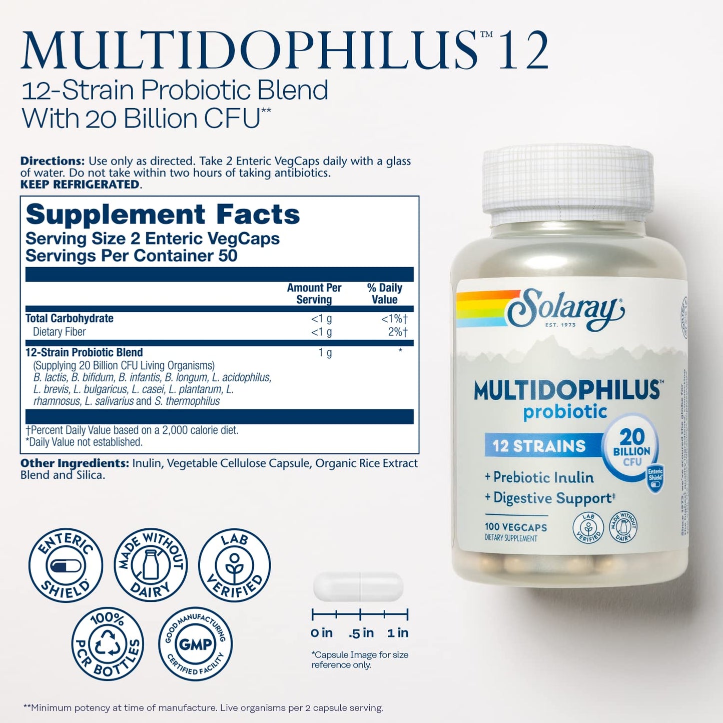 SOLARAY Multidophilus 12 Strain Probiotic – 20 Billion CFU, Digestive Health