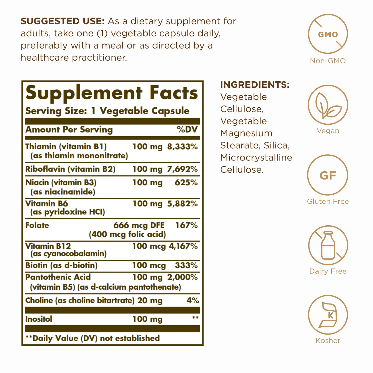 Solgar B-Complex 100 - 50 Veg Capsules (50 Servings) | Nervous System Support, Energy Metabolism, Non-GMO, Vegan, Gluten Free, Dairy Free, Kosher