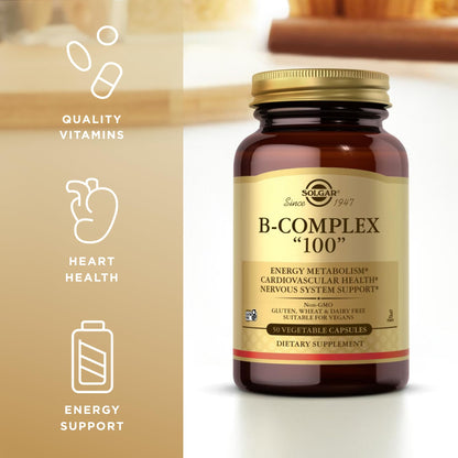 Solgar B-Complex 100 - 50 Veg Capsules (50 Servings) | Nervous System Support, Energy Metabolism, Non-GMO, Vegan, Gluten Free, Dairy Free, Kosher
