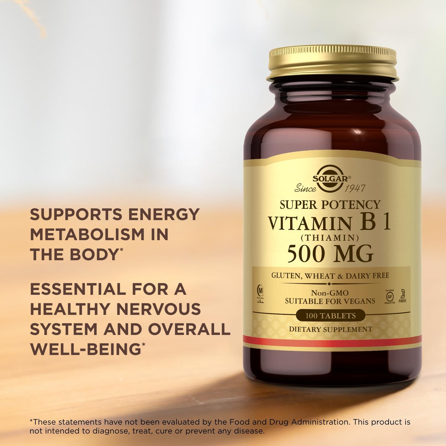 Solgar Vitamin B1 (Thiamin) 100 Tablets – 500mg, Non-GMO, Vegan, Gluten Free, Kosher, Halal
