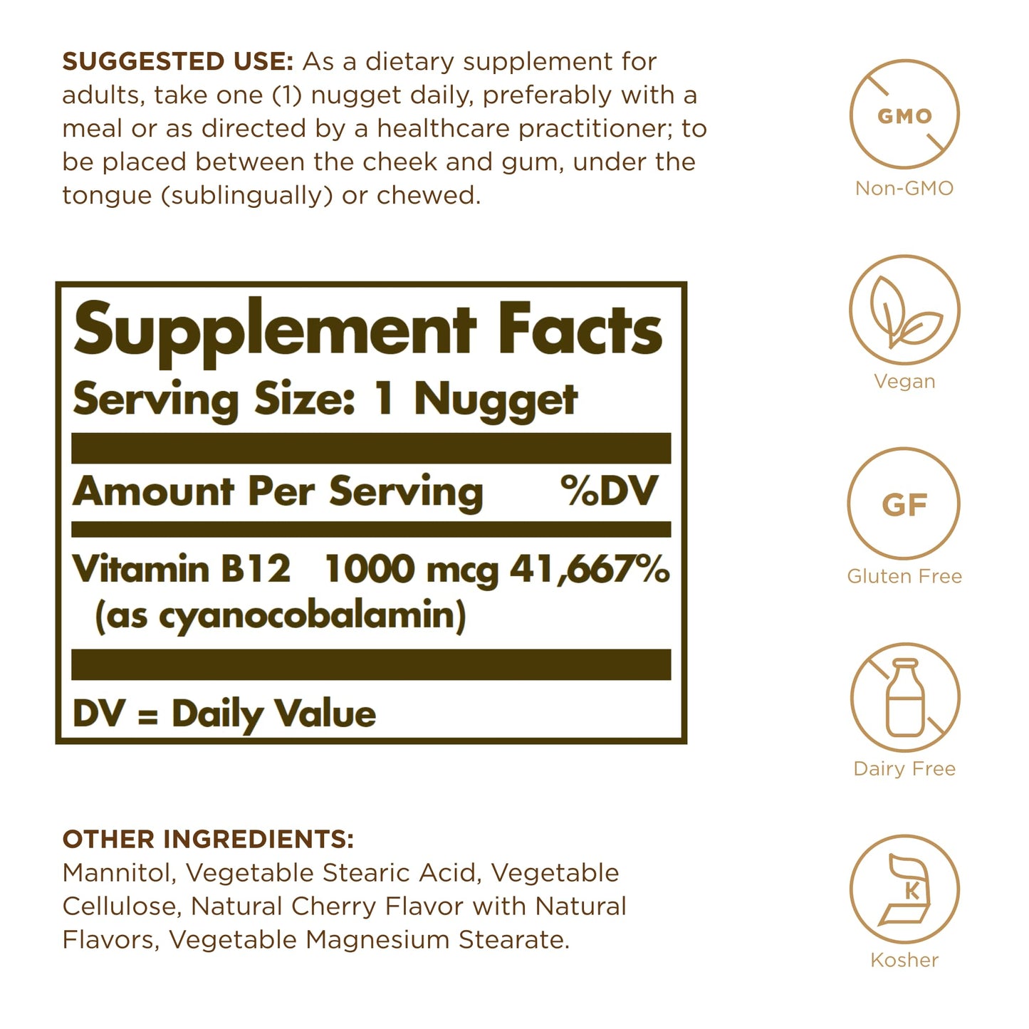 Solgar Sublingual Vitamin B12 1000 mcg – 100 Nuggets (100 Servings) | Non-GMO, Vegan, Gluten Free