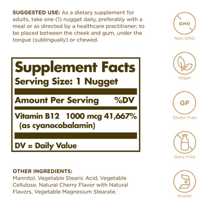Solgar Sublingual Vitamin B12 1000 mcg – 100 Nuggets (100 Servings) | Non-GMO, Vegan, Gluten Free