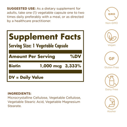 Solgar Biotin 1000 mcg - 100 Vegetable Capsules | Skin, Nails & Hair