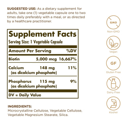 Solgar Biotin 5000 mcg 50 Veg Capsules - Pack of 2 | Skin, Nails & Hair