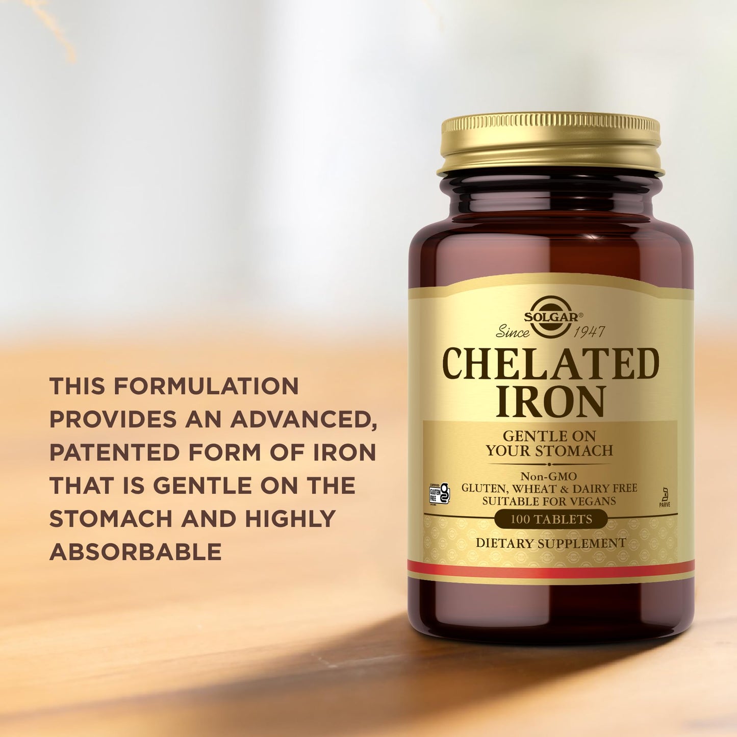 Solgar Chelated Iron – 100 Tablets | Gentle on Your Stomach, Non-GMO, Vegan, Gluten Free, Dairy Free, Kosher