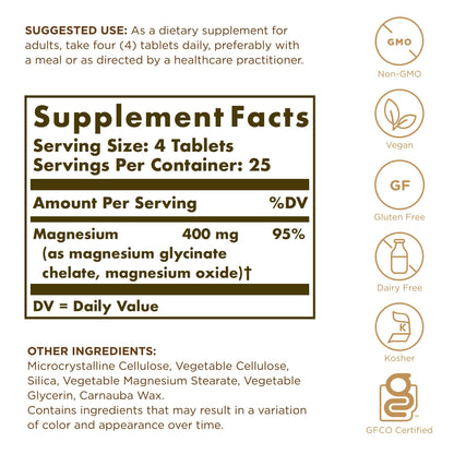 Solgar Chelated Magnesium - 400 mg/Serving | 25 Servings | Vegan & Gluten Free