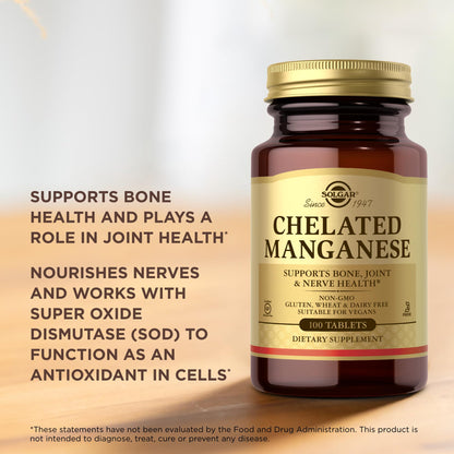 Solgar Chelated Manganese - 100 Tablets | Supports Bone, Joint & Nerve Health | Non-GMO, Vegan, Gluten Free, Dairy Free, Kosher