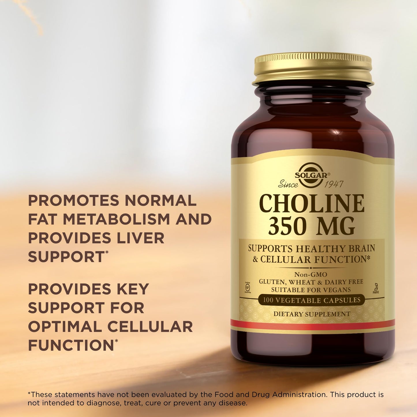 Solgar Choline 350 mg - 100 Vcaps (2-Pack) Non-GMO, Vegan, Kosher