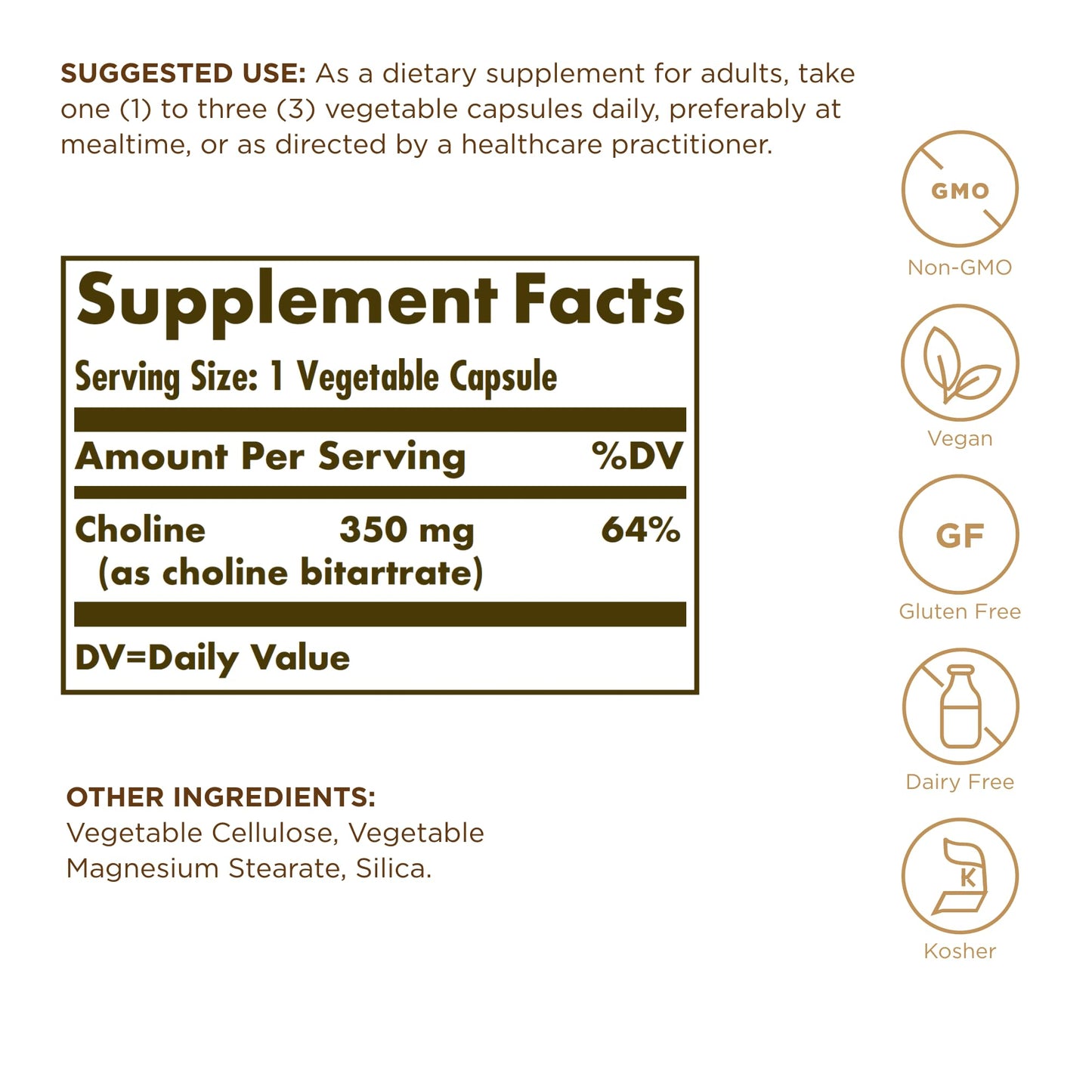 Solgar Choline 350 mg - 100 Vegetable Capsules | Non-GMO, Vegan, Kosher