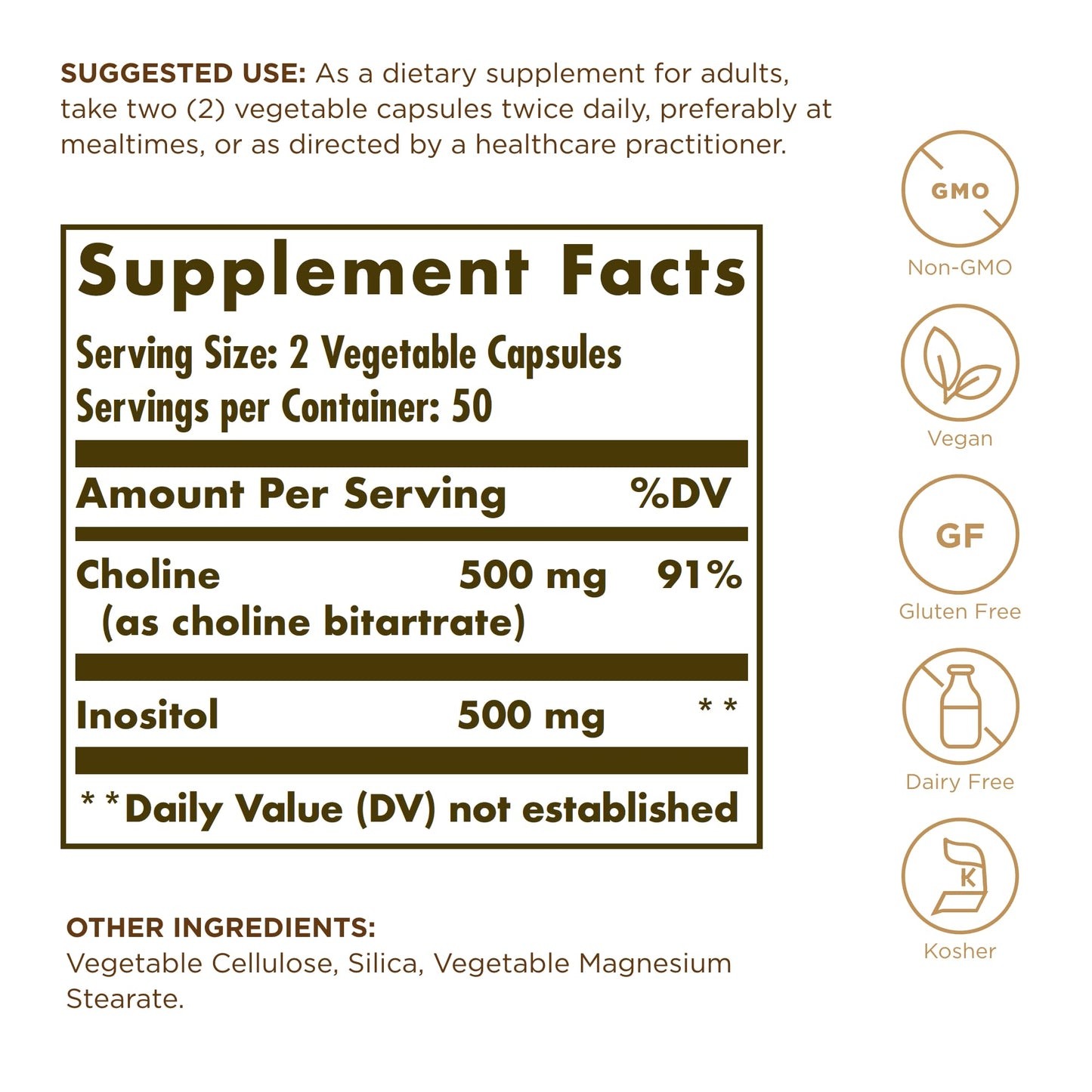 Solgar Choline & Inositol 500 mg/500 mg | 100 Veg Capsules (Pack of 2) | Energy Metabolism, Liver Health, Brain & Nerve Support | Non-GMO, Vegan, Kosher