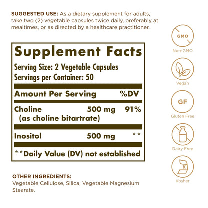 Solgar Choline & Inositol 500 mg/500 mg | 100 Veg Capsules (Pack of 2) | Energy Metabolism, Liver Health, Brain & Nerve Support | Non-GMO, Vegan, Kosher