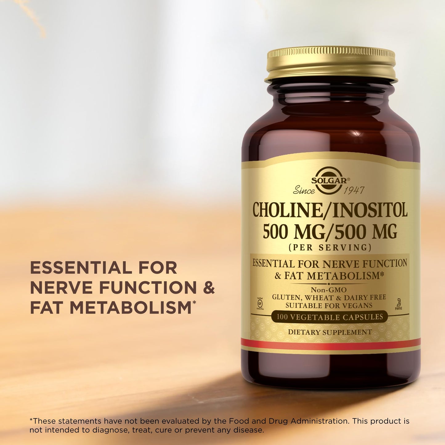 Solgar Choline & Inositol 500 mg/500 mg | 100 Veg Capsules (Pack of 2) | Energy Metabolism, Liver Health, Brain & Nerve Support | Non-GMO, Vegan, Kosher