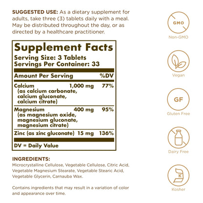 Solgar Calcium Magnesium Plus Zinc – 100 Tablets (Pack of 2) | Healthy Bones & Nerves