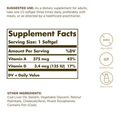 Solgar Cod Liver Oil - 100 Softgels (2-Pack) | Vitamins A & D | Non-GMO Gluten Free