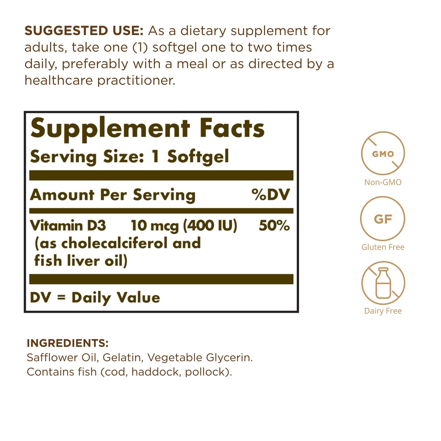 Solgar Vitamin D3 (Cholecalciferol) 10 mcg (400 IU) - 250 Softgels – Supports Healthy Bones, Teeth & Immune System