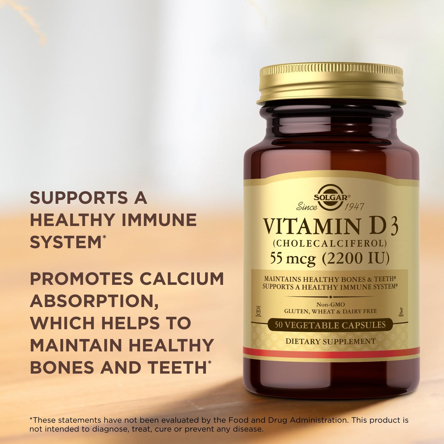 Solgar Vitamin D3 55 mcg (2200 IU) – 50 Veg Capsules | Bones & Immune Support