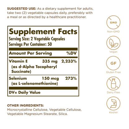 Solgar Dry Vitamin E with Yeast-Free Selenium - 100 Veg Capsules - 50 Servings