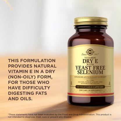 Solgar Dry Vitamin E with Yeast-Free Selenium - 100 Veg Capsules - 50 Servings