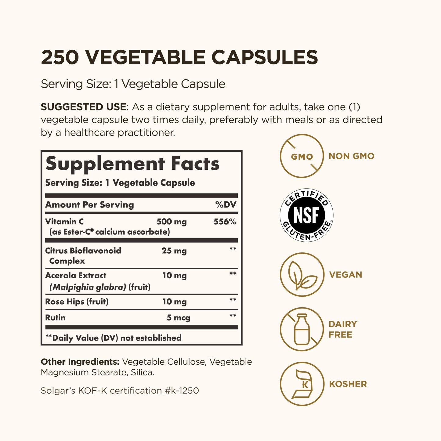 Solgar Ester-C Plus 500 mg Vitamin C – 250 Vegan Capsules | Gentle & Non-Acidic