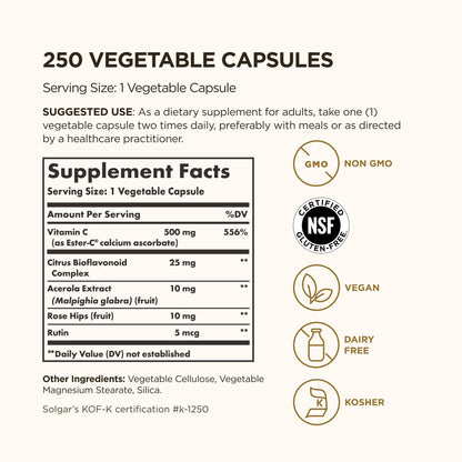 Solgar Ester-C Plus 500 mg Vitamin C – 250 Vegan Capsules | Gentle & Non-Acidic
