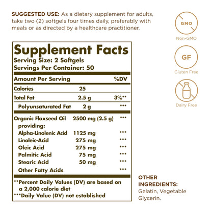 Solgar Flaxseed Oil 1250 mg - 100 Softgels, 3-Pack | Omega-3 ALA | Non-GMO, Gluten Free