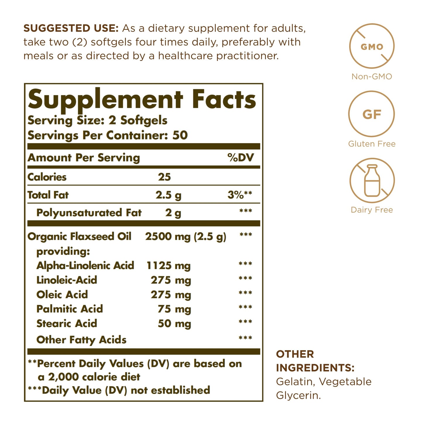 Solgar Flaxseed Oil 1250 mg – 100 Softgels | Organic Cold-Pressed Omega-3 | Supports Heart, Immune & Skin Health | Non-GMO, Gluten Free, Dairy Free | 50 Servings