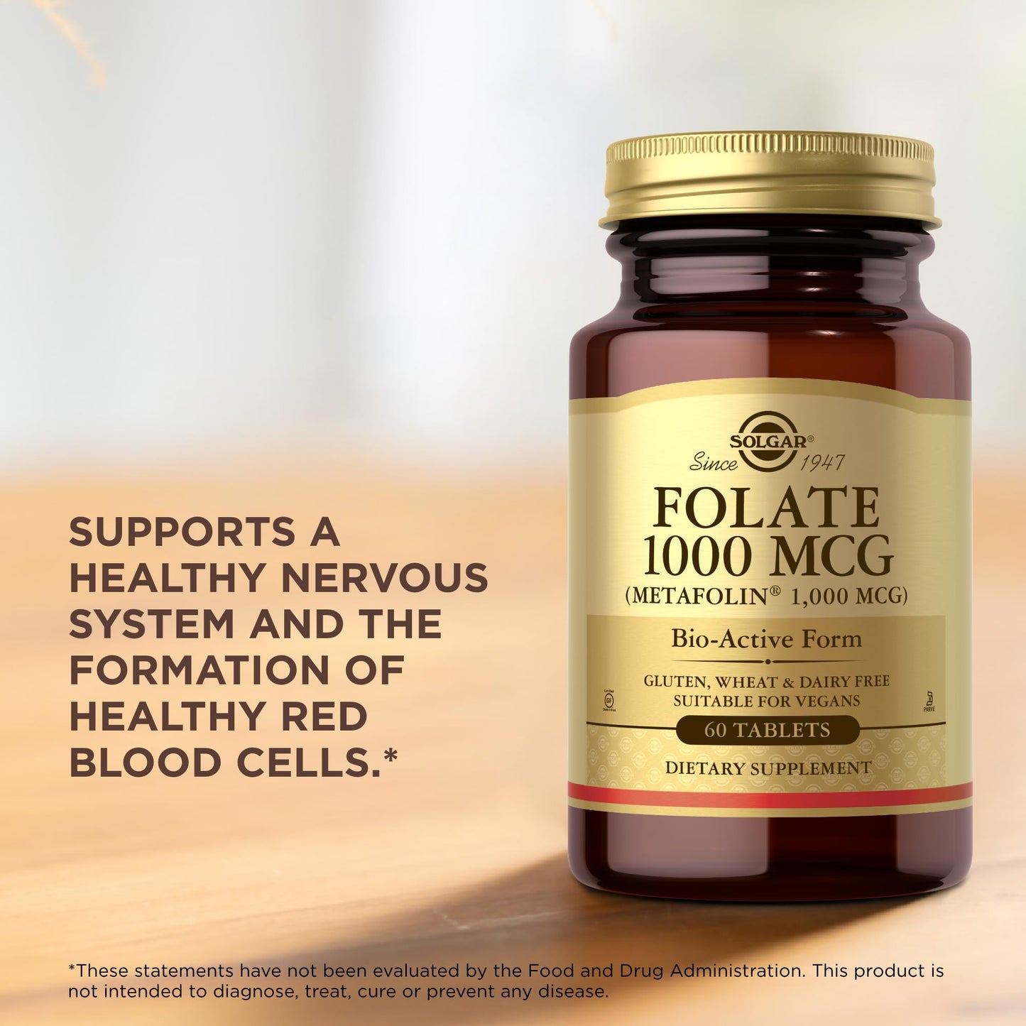 Solgar Folate 1000 mcg Metafolin – 60 Tablets – Vegan, Gluten Free, Dairy Free, Kosher – 60 Servings