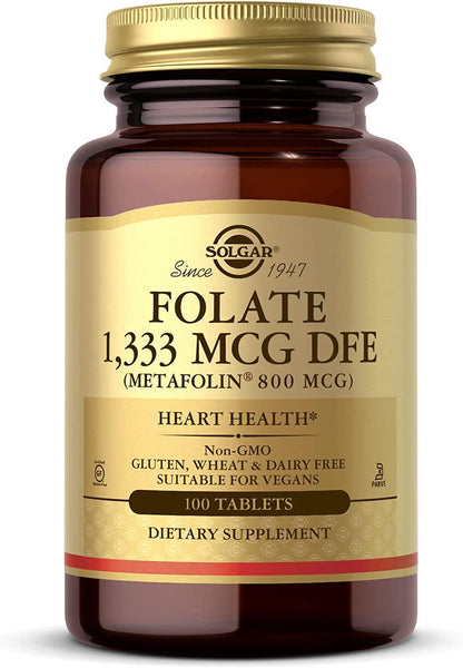 Solgar Folate 1,333 mcg DFE – 100 Tablets | 800 mcg Bio-Active Metafolin – Heart Health, Vegan, Non-GMO, Gluten Free, Kosher