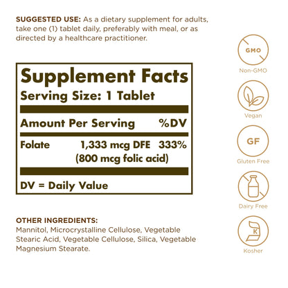Solgar Folate 1333 mcg DFE Metafolin Prenatal Vitamin – Pack of 2 (200 Servings)
