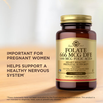 Solgar Folate 666 mcg DFE (Folic Acid 400 mcg) – 250 Tablets | Prenatal Support | Non-GMO, Vegan, Gluten Free, Dairy Free, Kosher