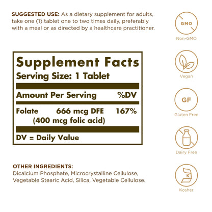 Solgar Folate 666 mcg DFE – 250 Tablets (Pack of 2) | Prenatal Support, Non-GMO, Vegan