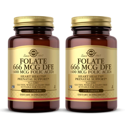 Solgar Folate 666 mcg DFE (Folic Acid 400 mcg) – 250 Tablets × 2 (500 Servings) | Prenatal Support, Non-GMO, Vegan, Gluten Free