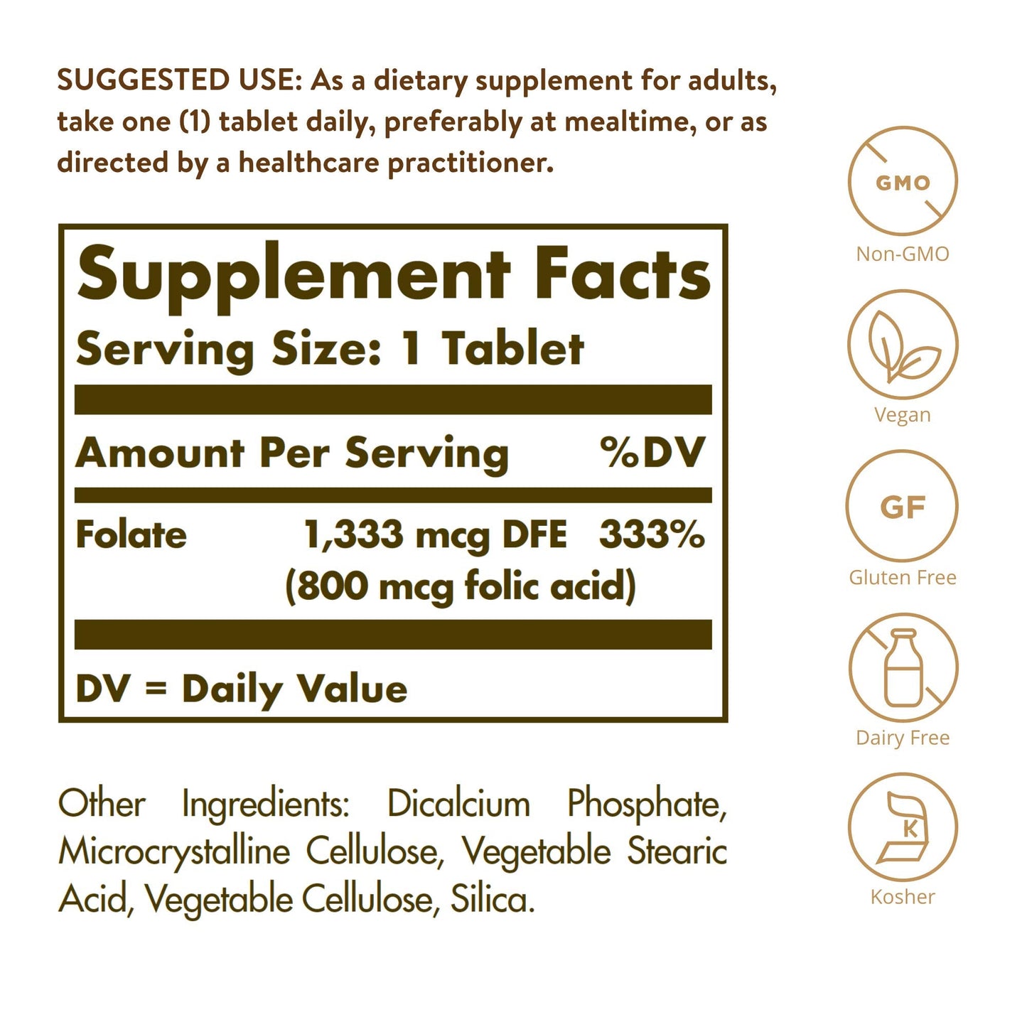 Solgar Folate 1,333 mcg DFE – 100 Tablets | 800 mcg Bio-Active Metafolin – Heart Health, Vegan, Non-GMO, Gluten Free, Kosher
