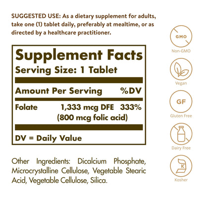Solgar Folate 1,333 mcg DFE – 100 Tablets | 800 mcg Bio-Active Metafolin – Heart Health, Vegan, Non-GMO, Gluten Free, Kosher