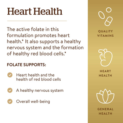 Solgar Folate 1,333 mcg DFE – 100 Tablets | 800 mcg Bio-Active Metafolin – Heart Health, Vegan, Non-GMO, Gluten Free, Kosher