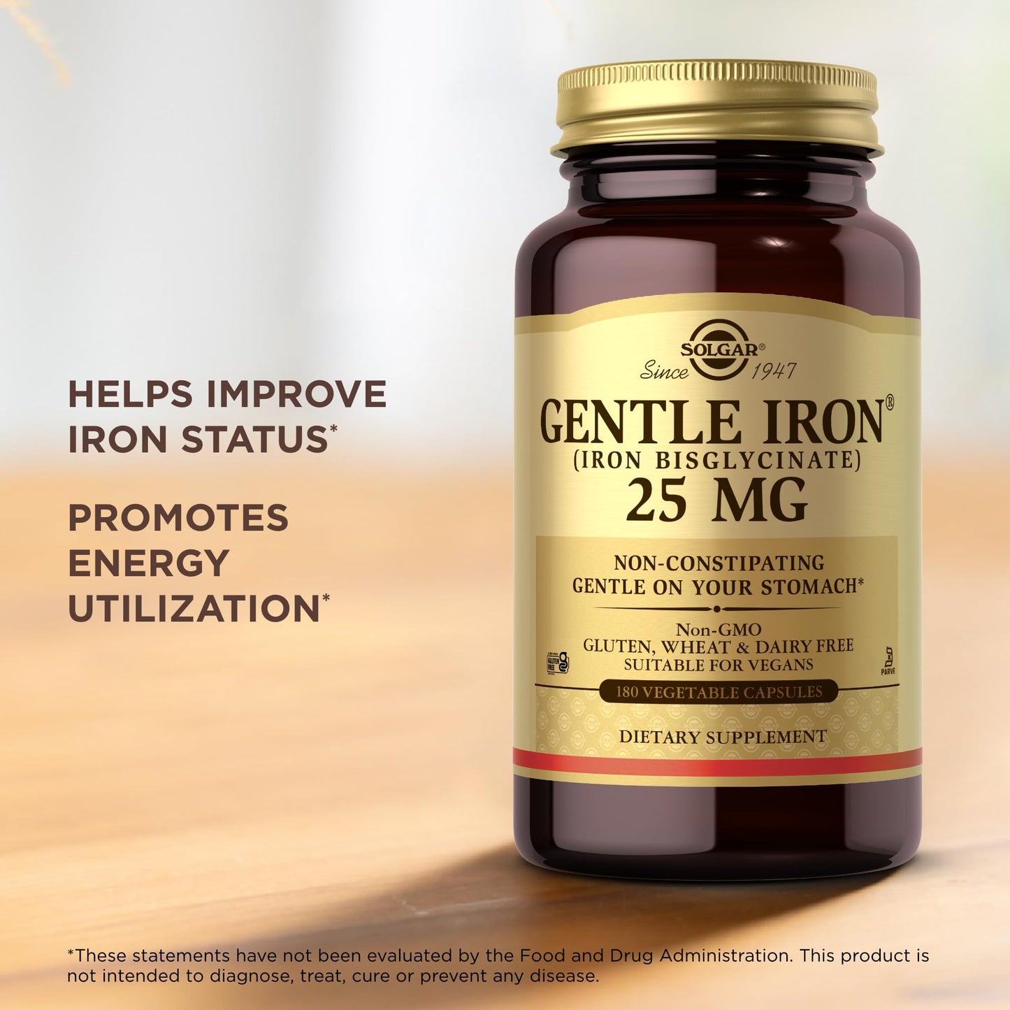 Solgar Gentle Iron 25 mg | Iron Bisglycinate - 180 Veg Caps | Gluten Free