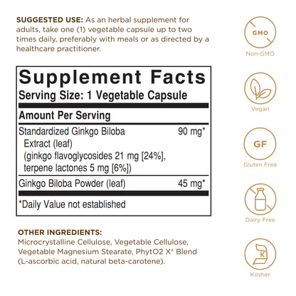 Solgar Ginkgo Biloba Leaf Extract - 180 Veg Caps | SFP, Non-GMO