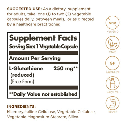 Solgar Reduced L-Glutathione 250 mg | 30 Veg Capsules - Non-GMO, Vegan, Gluten Free