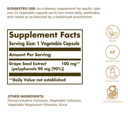 Solgar Grape Seed Extract 100 mg | 60 Veg Capsules | Vegan, Gluten & Dairy Free
