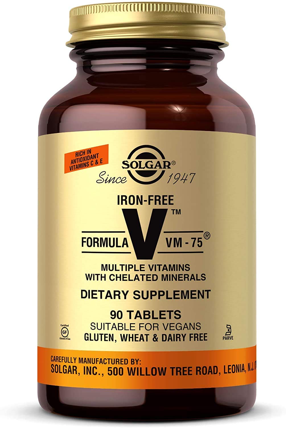 Solgar Iron-Free VM-75 Multivitamin – Chelated Minerals, Vegan, 90 Servings