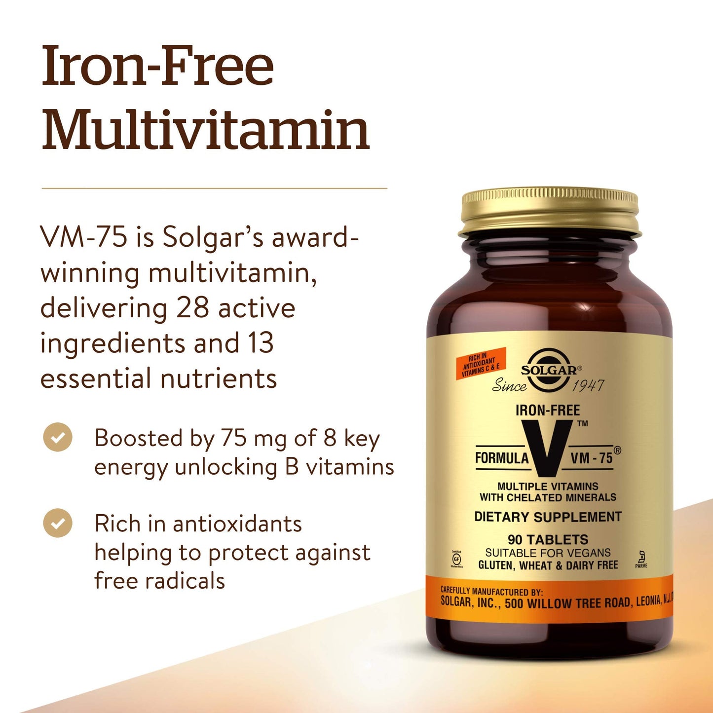 Solgar Iron-Free VM-75 Multivitamin – Chelated Minerals, Vegan, 90 Servings