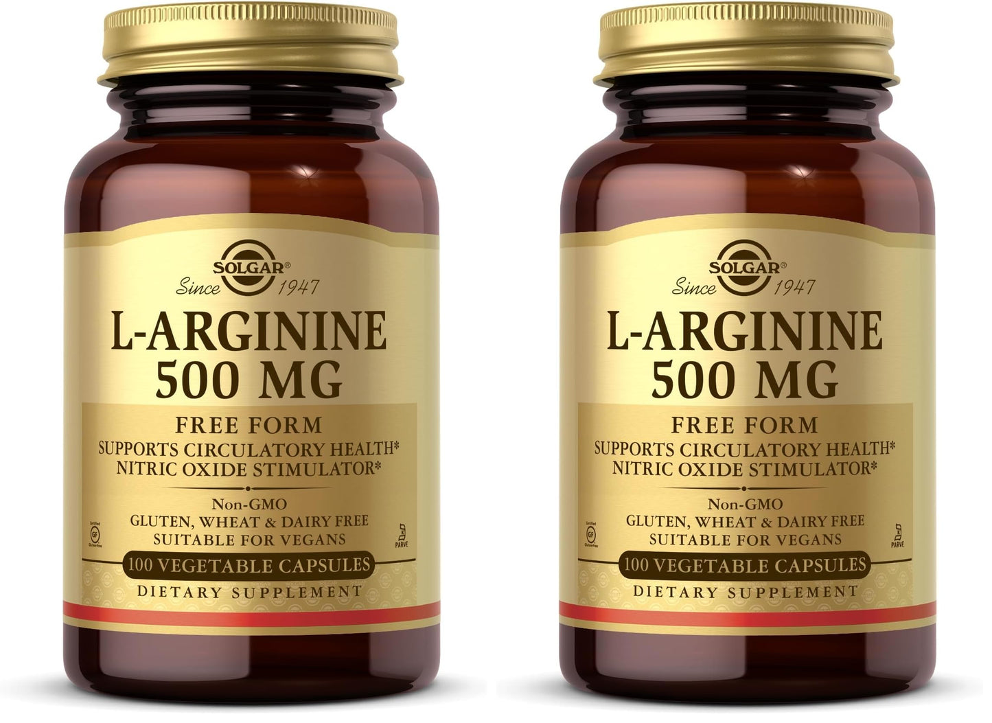 Solgar L-Arginine 500 mg - 100 Veg Capsules Pack of 2 | Nitric Oxide Stimulator, Non-GMO, Vegan, Gluten Free
