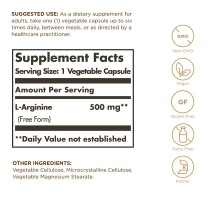 Solgar L-Arginine 500 mg – 250 Veg Capsules | Nitric Oxide Support