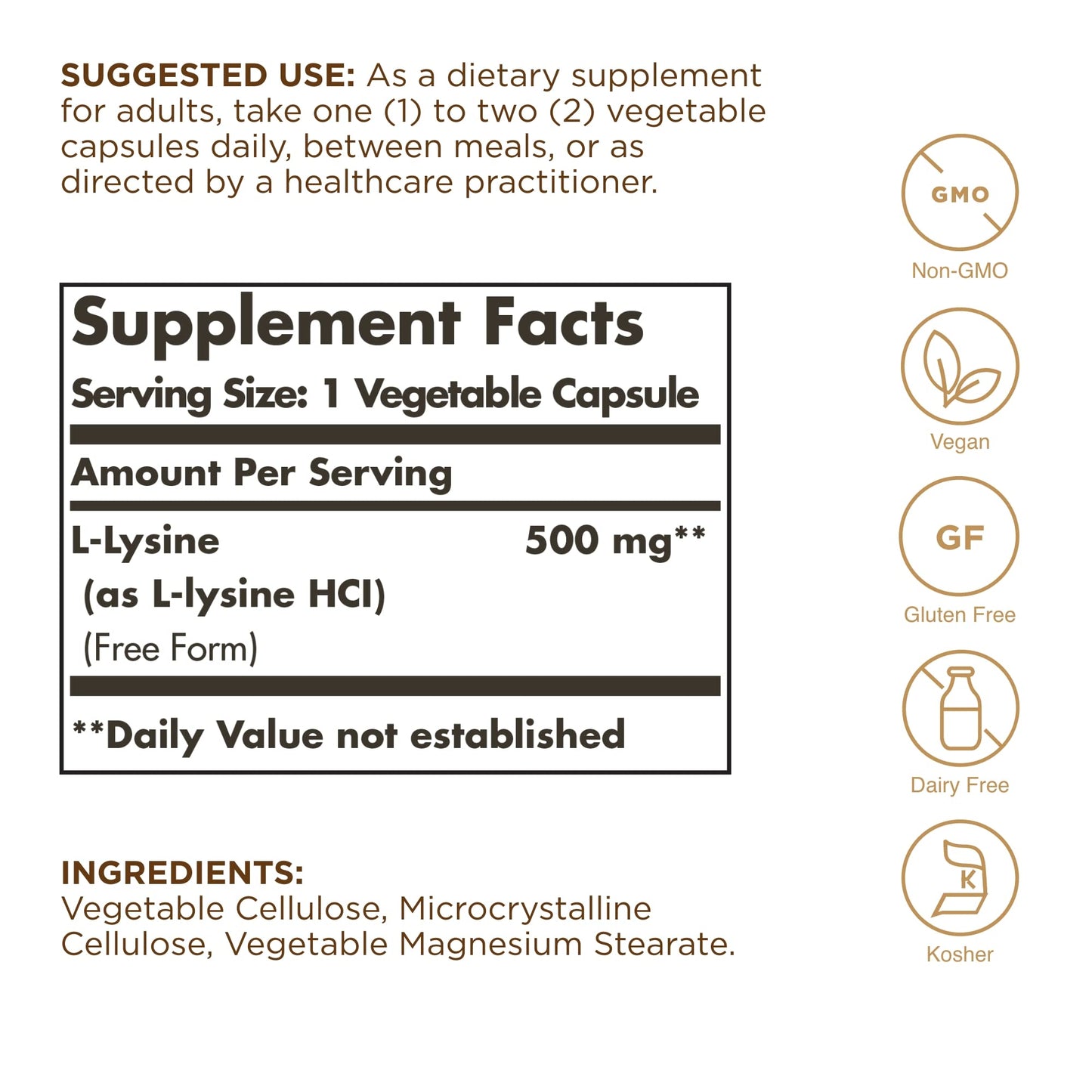 Solgar L-Lysine 500 mg - 100 Veg Capsules | Skin & Tissue Support