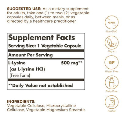 Solgar L-Lysine 500 mg - 100 Veg Capsules | Skin & Tissue Support